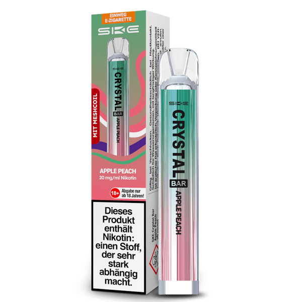 SKE Crystal Bar Einweg E-Zigarette in Geschmacksrichtung Apple Peach, 20 mg/ml Nikotin, sofort einsatzbereit.