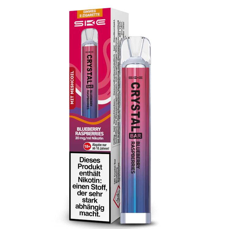 SKE Crystal Bar Einweg E-Zigarette mit Blueberry Raspberry Geschmack und 20 mg/ml Nikotin.