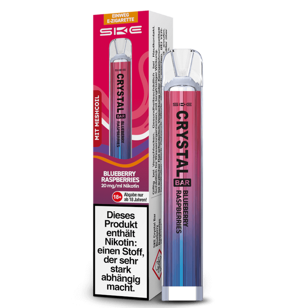 SKE Crystal Bar Einweg E-Zigarette mit Blueberry Raspberry Geschmack und 20 mg/ml Nikotin.