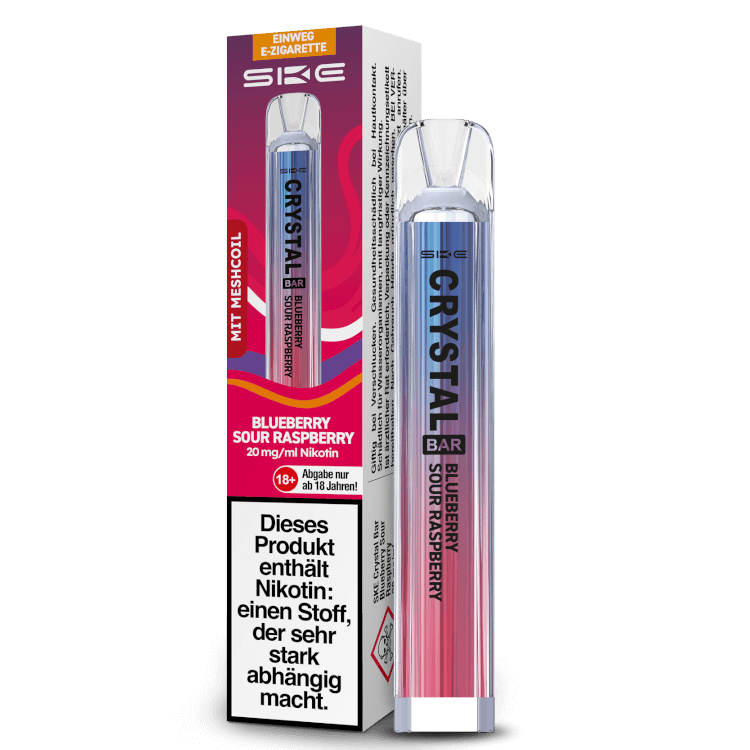 SKE Crystal Bar Blueberry Sour Raspberry Einweg-E-Zigarette mit 20 mg/ml Nikotin.