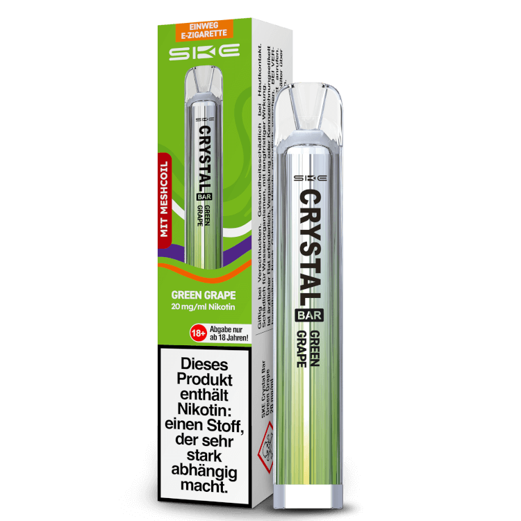 SKE Crystal Bar Einweg-E-Zigarette in Green Grape Geschmacksrichtung mit 20 mg/ml Nikotin.