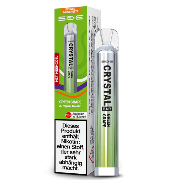 SKE Crystal Bar Einweg-E-Zigarette in Green Grape Geschmacksrichtung mit 20 mg/ml Nikotin.