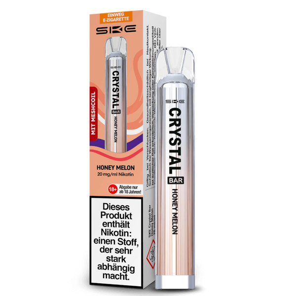 SKE Crystal Bar Einweg-E-Zigarette in Honey Melon Geschmack, 20mg/ml Nikotin, sofort einsatzbereit.