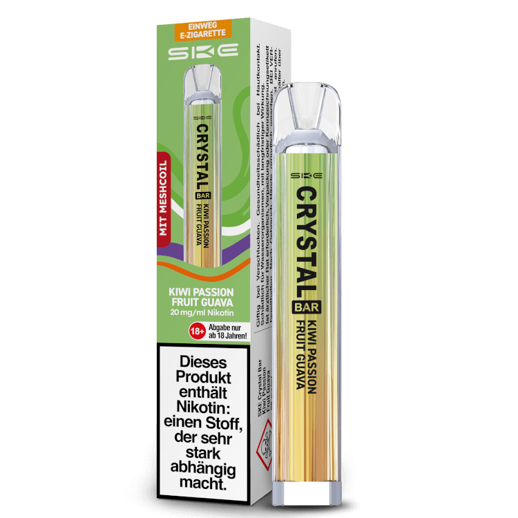 SKE Crystal Bar Einweg E-Zigarette mit Kiwi Passion Fruit Guava Geschmack und 20 mg Nikotin.