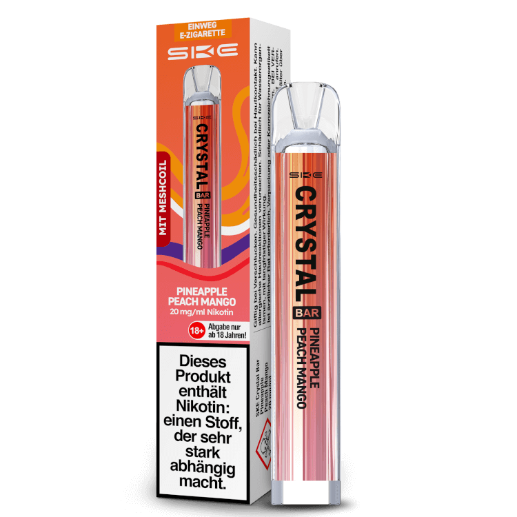 SKE Crystal Bar Pineapple Peach Mango Einweg E-Zigarette mit 20 mg/ml Nikotin, sofort einsatzbereit und leicht zu bedienen.