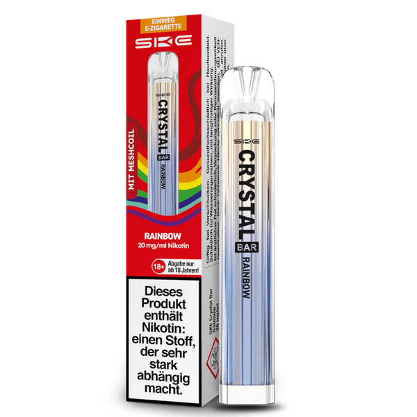 SKE Crystal Bar Rainbow Einweg E-Zigarette mit Nikotin und 20 mg/ml, in einer bunten Verpackung.