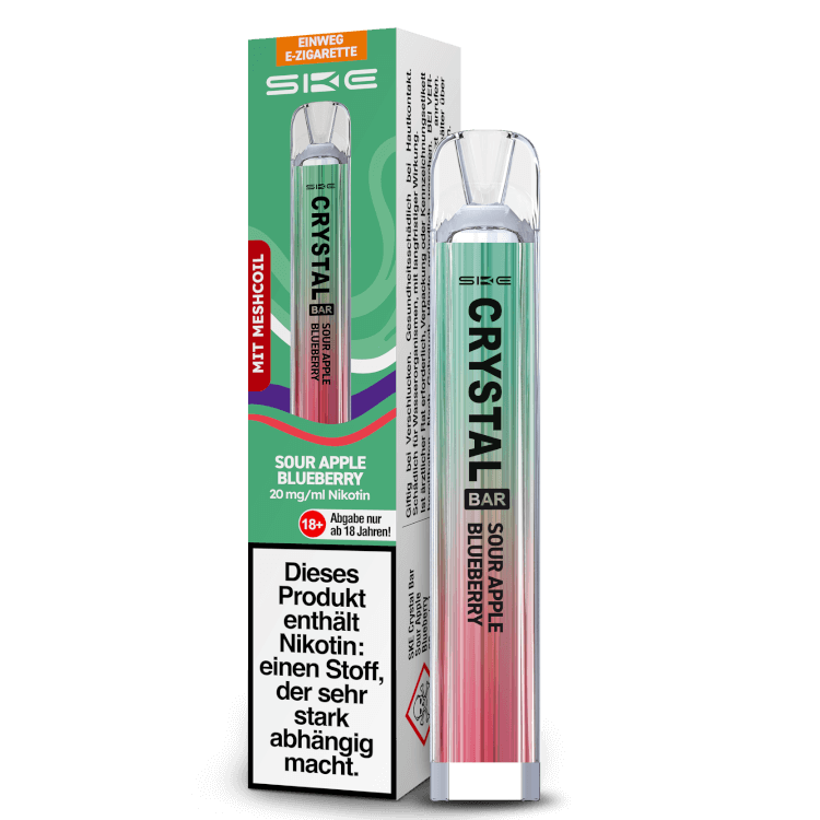 SKE Crystal Bar Einweg-E-Zigarette in Sour Apple Blueberry, 20 mg Nikotin, ohne Vorbereitung und Wartung.
