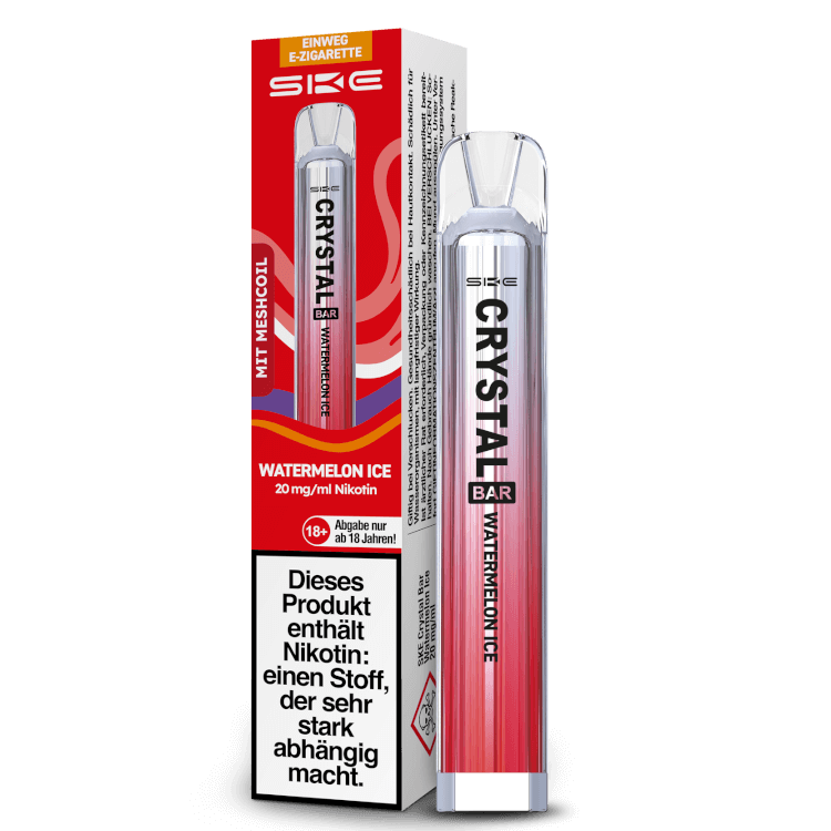 SKE Crystal Bar Watermelon Ice Einweg-E-Zigarette mit Nikotin und Mesh-Coil, sofort einsatzbereit.