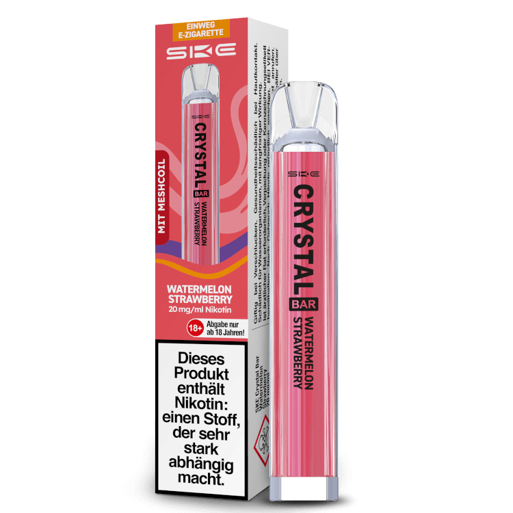 SKE Crystal Bar Einweg E-Zigarette mit Wassermelone-Erdbeere, 20 mg/ml Nikotin, für bis zu 600 Züge.