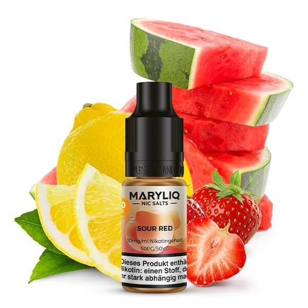 MARYLIQ Sour Red Nikotinsalz liquid with fruity watermelon, lemon, and strawberry background.