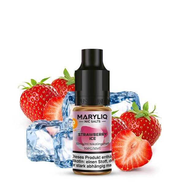 MARYLIQ Strawberry Ice Nikotinsalz Liquid surrounded by fresh strawberries and ice, offering a refreshing vaping experience.