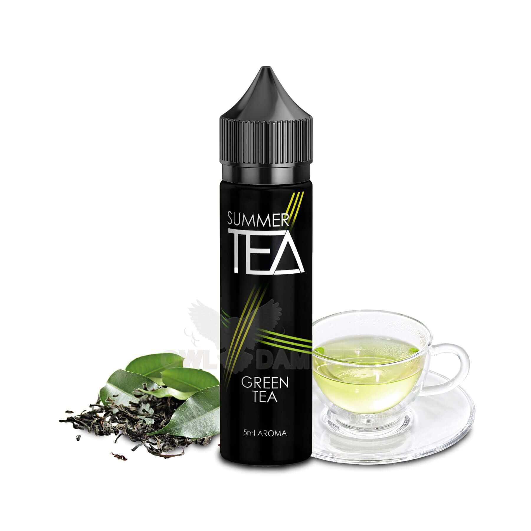 Summer Tea green tea longfill bottle with fresh leaves and a cup of green tea.