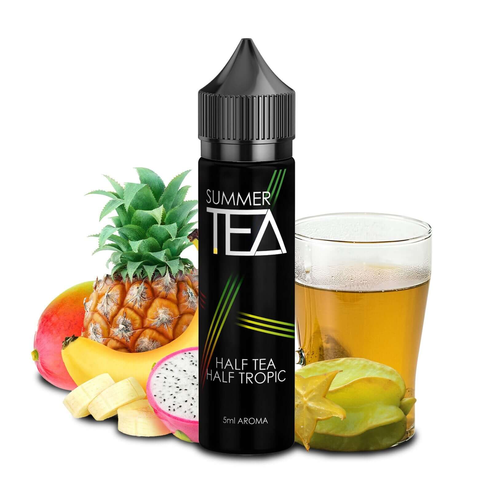 Summer Tea flavor bottle with tropical fruits and iced tea, perfect for refreshing summer moments.