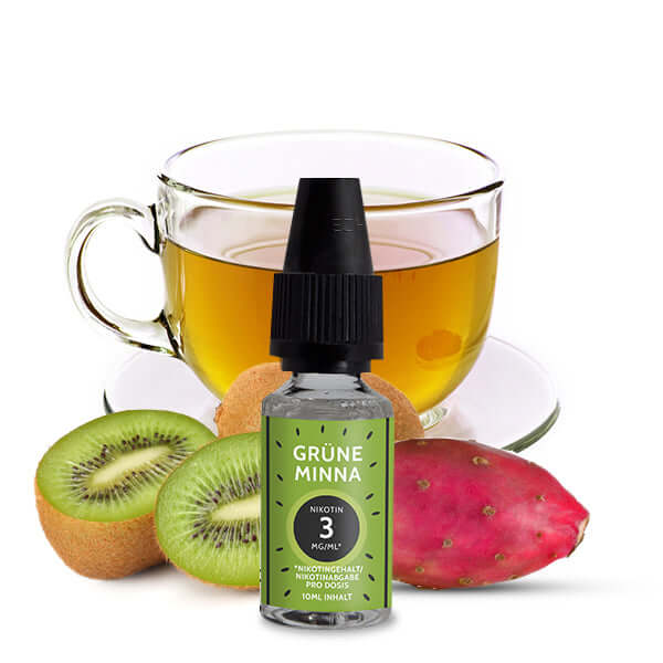 Tante Dampf Grüne Minna Liquid with kiwi and prickly pear, beside a cup of green tea, 3 mg nicotine.