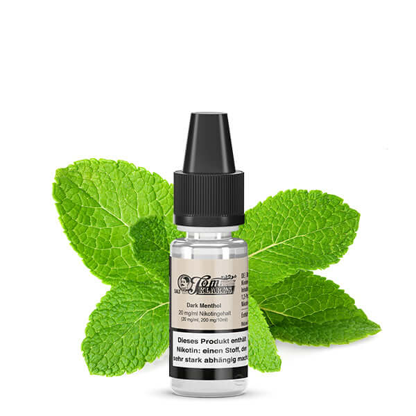 TOM KLARK’S Dark Menthol Nikotinsalz Liquid 10ml with fresh mint leaves, offering intense menthol flavor.