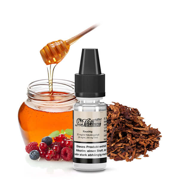 Tom Klark's Rauchig Nikotinsalz Liquid 10ml with honey and tobacco leaves for a unique vaping experience.