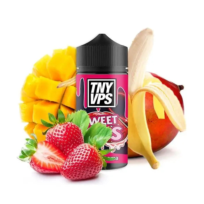 Tony Vapes Sweet Kiss Aroma bottle with banana, mango, and strawberry for a refreshing vaping experience.