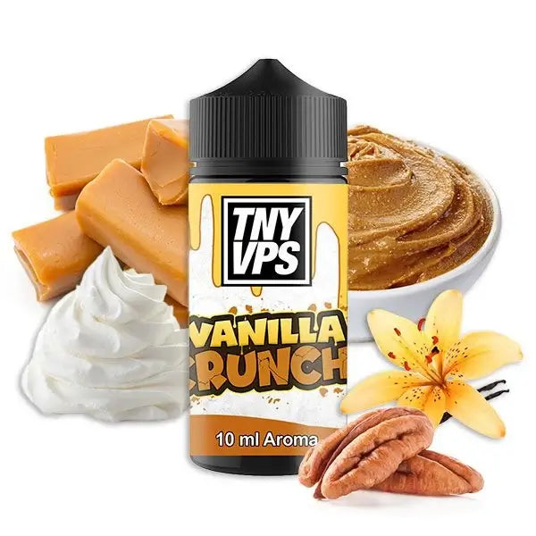 Tony Vapes Vanilla Crunch Aroma 10ml bottle surrounded by butterscotch, peanut butter, and pecans.