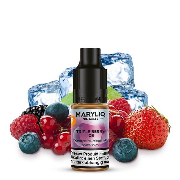 MARYLIQ Triple Berry Ice Nikotinsalz Liquid with berries and ice cubes, showcasing refreshing fruity flavors for vaping.