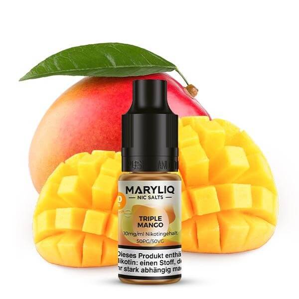 MARYLIQ Triple Mango Nikotinsalz Liquid bottle with fresh mango slices and leaf, offering a tropical vape experience.
