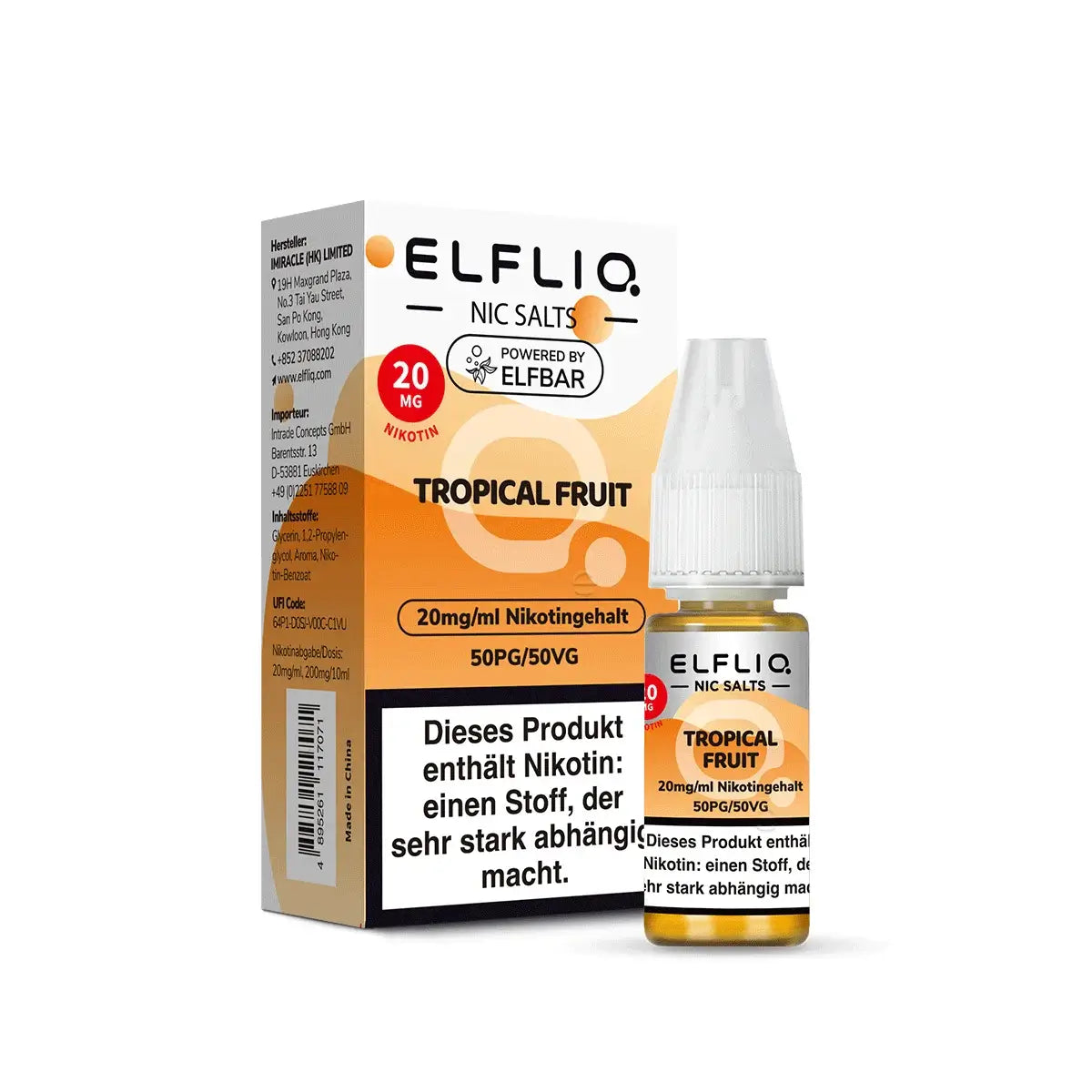 ELFLIQ Tropical Fruit Nikotinsalz Liquid bottle with tropical fruit flavor, 20mg/ml nicotine, and 50PG/50VG blend.