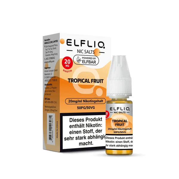 ELFLIQ Tropical Fruit Nikotinsalz Liquid bottle with tropical fruit flavor, 20mg/ml nicotine, and 50PG/50VG blend.
