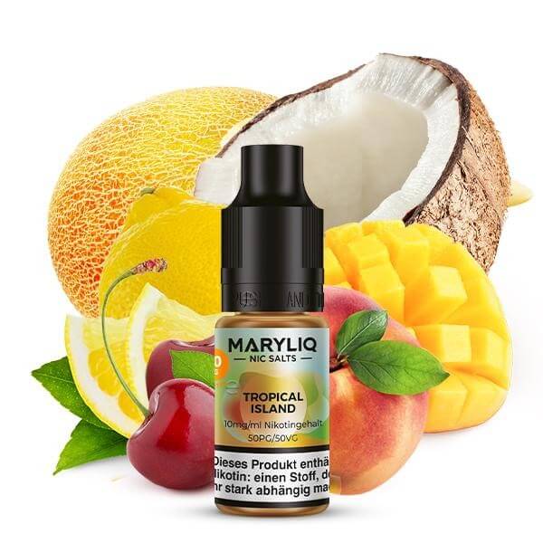 MARYLIQ Tropical Island Nikotinsalz Liquid with tropical fruits and coconut background for a refreshing vape experience.