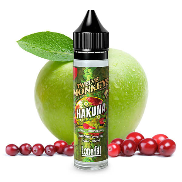 Twelve Monkeys Hakuna 10 ml aroma with green apple and berries, offering a fresh, fruity vaping experience.