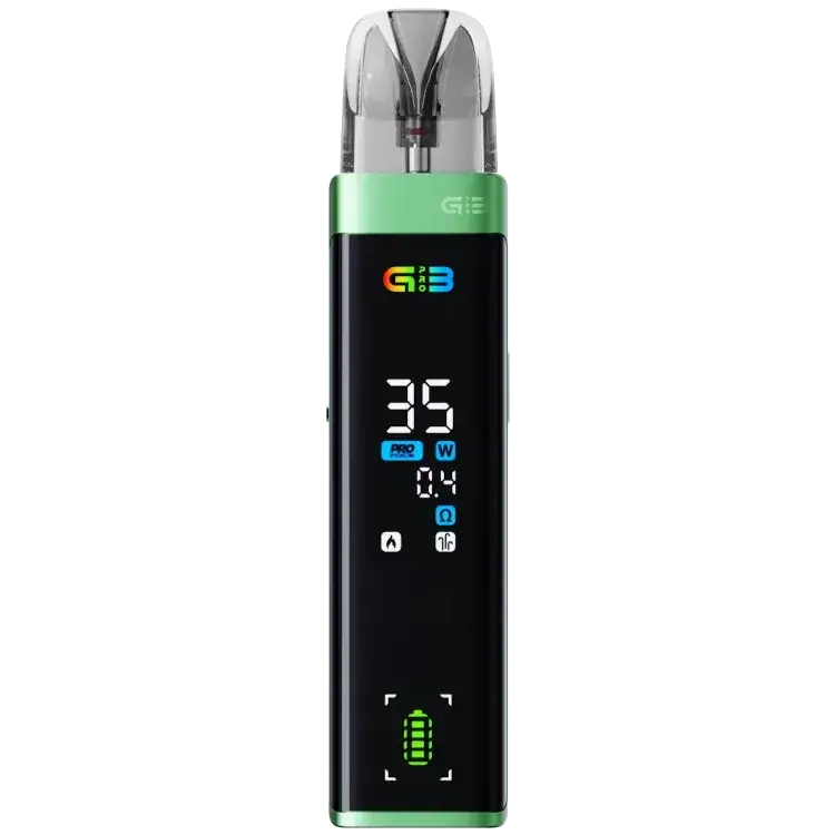Uwell Caliburn G3 Pro E-Zigarette in green with digital display showing wattage and battery status.