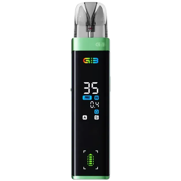 Uwell Caliburn G3 Pro E-Zigarette in green with digital display showing wattage and battery status.