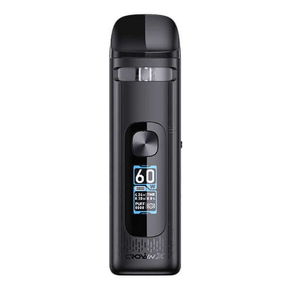 Uwell Crown X Pod Kit in sleek black design with digital display and adjustable wattage settings.