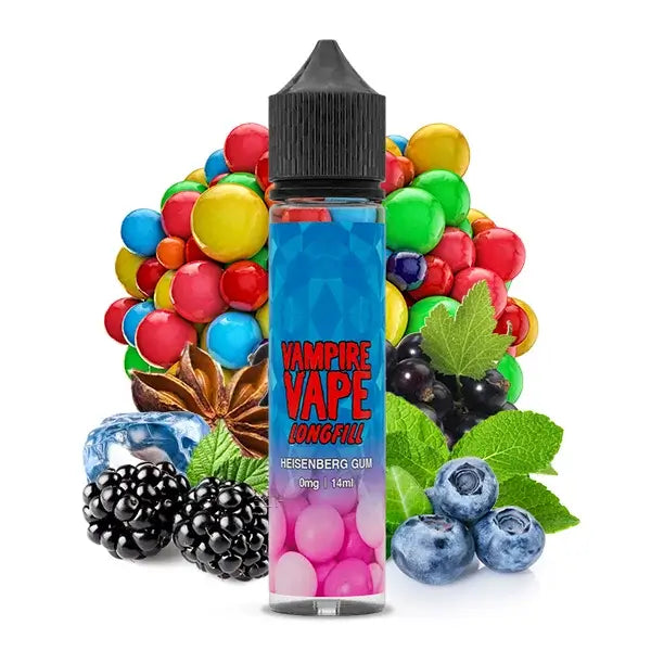 Vampire Vape Heisenberg Gum Longfill-Aroma bottle surrounded by colorful gum balls and berries.
