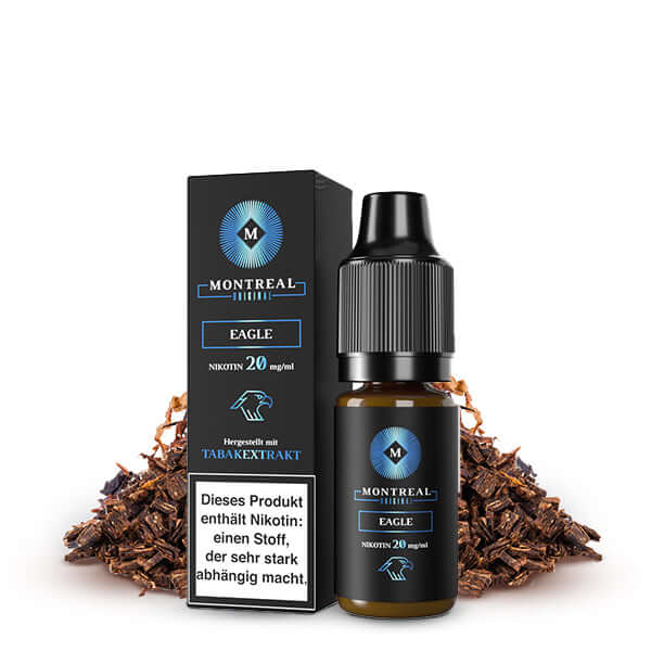 Montreal Original Nikotinsalz-Liquid Eagle 20mg mit Tabakgeschmack in 10ml Flasche, umgeben von Tabakblättern.
