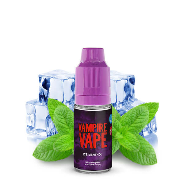 Vampire Vape Ice Menthol Liquid with mint leaves and ice cubes for a refreshing vaping experience.