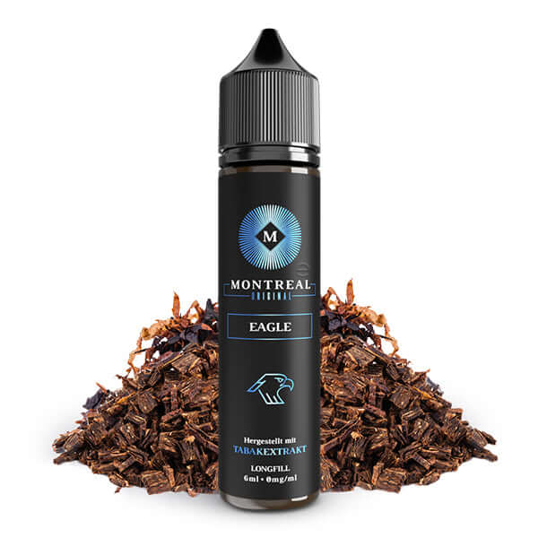 Montreal Original Tabak Aromen 6ml Longfill Flasche mit intensivem Tabakgeschmack, umgeben von tabakblättern.