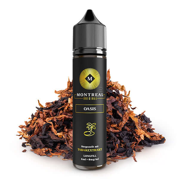 Montreal Original Tabak Aromen Oasis E-Liquid 6ml Longfill in 60ml Flasche mit Tabakblättern im Hintergrund.