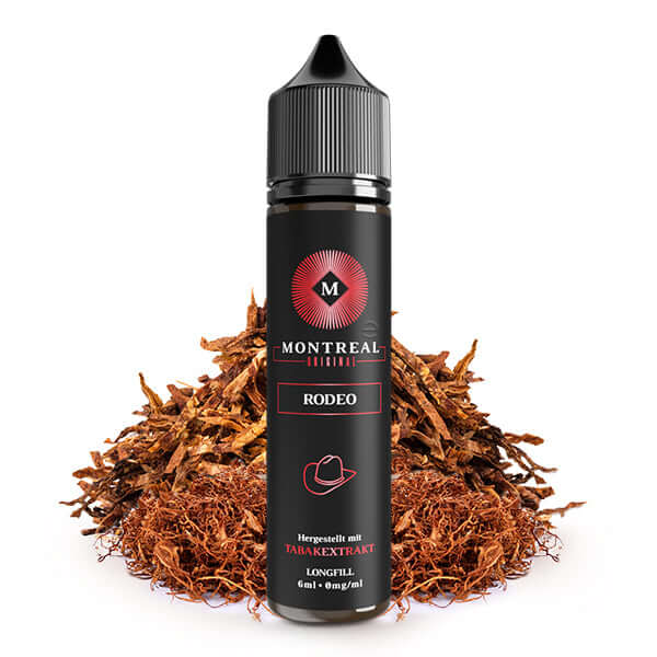 Montreal Original Tabak Rodeo E-Liquid 6ml Longfill Bottle with Tobacco Leaves Background