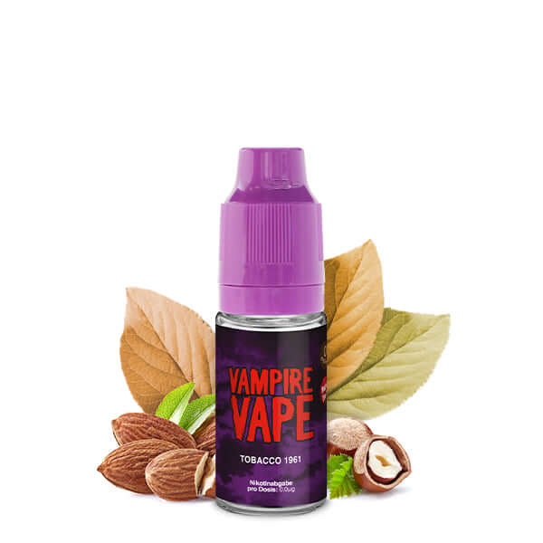 Vampire Vape Tobacco 1961 liquid in a bottle with nut and tobacco leaves backdrop, 10ml size.
