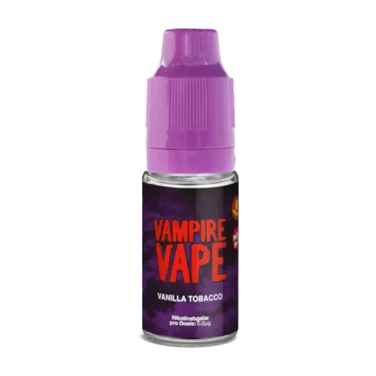 Vampire Vape Vanilla Tobacco Liquid bottle showcasing tobacco and vanilla flavor blend.