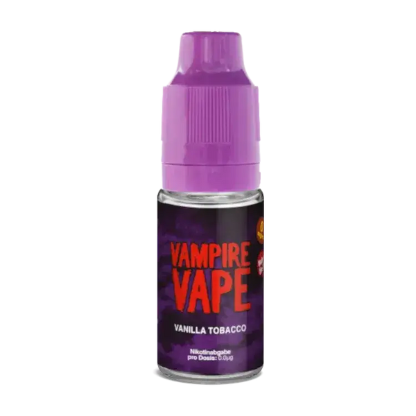 Vampire Vape Vanilla Tobacco Liquid bottle showcasing tobacco and vanilla flavor blend.