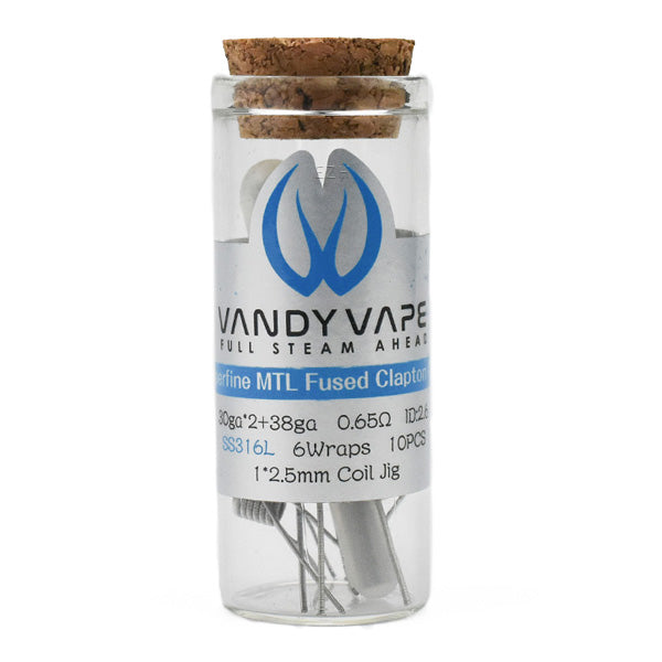Vandy Vape Prebuilt SS316L Superfine MTL Fused Clapton Coil 0.65 Ohm in a clear glass jar with cork lid.