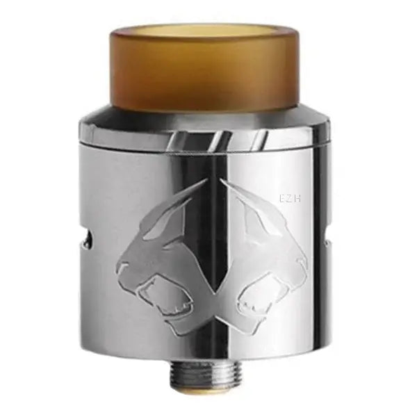 OBS Cheetah II RDA in silver with amber drip tip for customizable vaping experience.