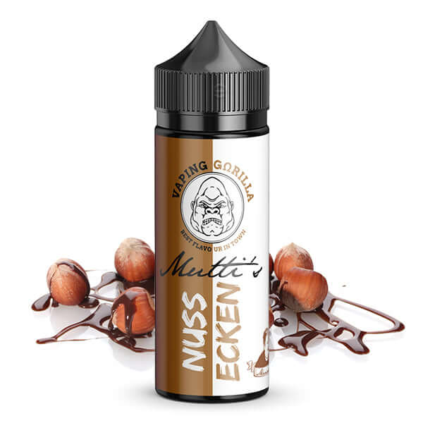Vaping Gorilla Mutti's Nussecke Aroma 10ml with hazelnuts and chocolate dripping, evoking sweet baked goods.