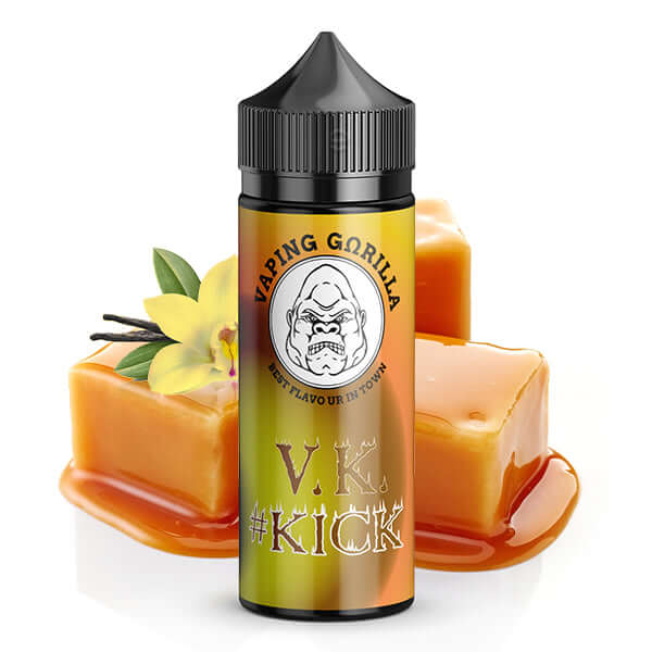 Vaping Gorilla Kick V.K Aroma 10ml with vanilla and caramel background, ideal for sweet flavor lovers.