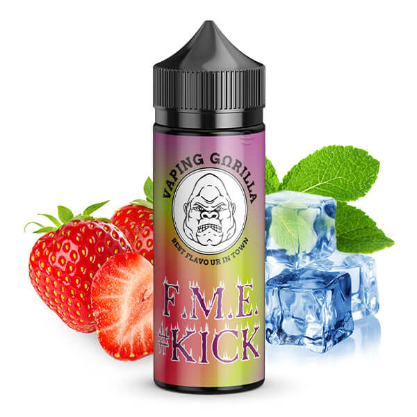 VAPING GORILLA Kick F.M.E Aroma 10ml bottle with strawberries, mint leaves, and ice cubes for a refreshing vaping experience.