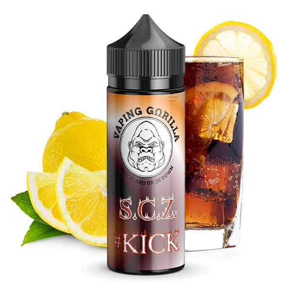 VAPING GORILLA Kick S.C.Z Aroma 10ml bottle with cola and lemon, showcasing refreshing flavor for vaping enthusiasts.