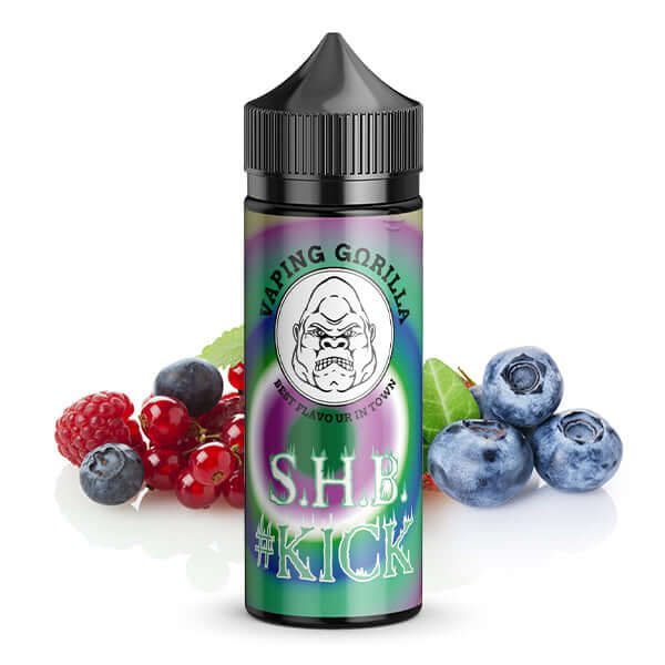 VAPING GORILLA Kick S.H.B Aroma 10ml bottle with berries in the background, featuring a fruity blend for summer vaping.