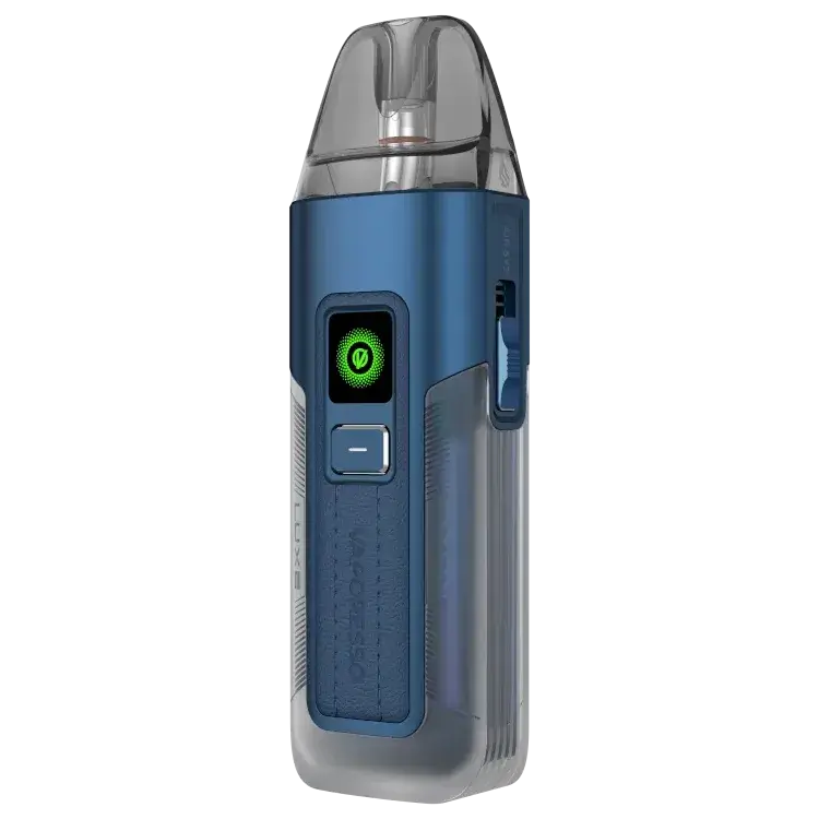 Vaporesso LUXE X2 E-Zigaretten-Set in Blau mit transparentem Tank und LED-Anzeige.