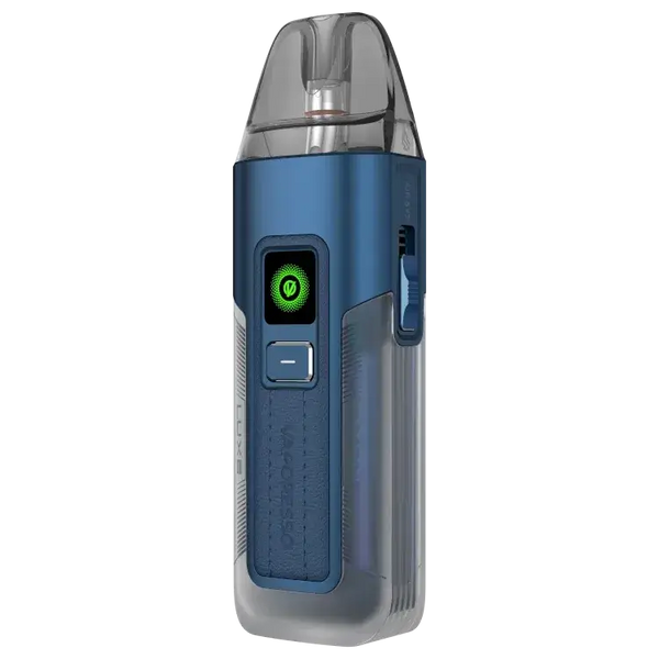 Vaporesso LUXE X2 E-Zigaretten-Set in Blau mit transparentem Tank und LED-Anzeige.