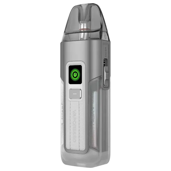 Vaporesso LUXE X2 E-Zigaretten-Set in modernem silbernem Design mit LED-Anzeigen und ergonomischer Form.